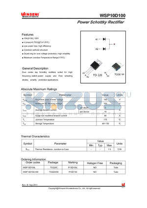 WSP10D100 datasheet - Power Schottky Rectifier