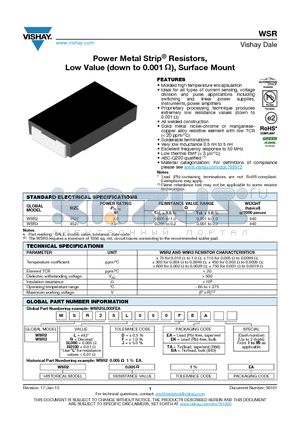 WSR3R0800FEA datasheet - Power Metal Strip Resistors, Low Value (down to 0.001 Ohm), Surface Mount