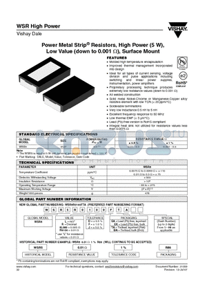 WSR55L000DTA datasheet - Power Metal Strip^ Resistors, High Power (5 W), Low Value (down to 0.001 Y), Surface Mount