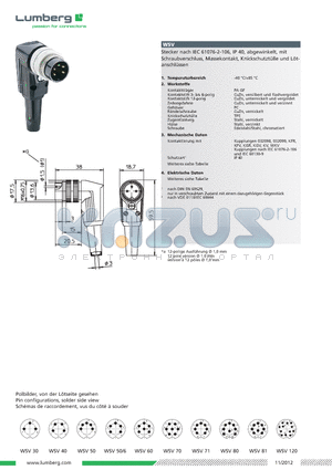 WSV120 datasheet - Circular connectors with threaded joint acc. to IEC 61076-2-106, IP 40