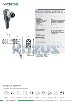 WSV40 datasheet - Circular connectors with threaded joint acc. to IEC 61076-2-106, IP 40