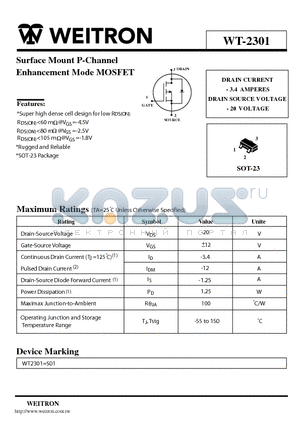 WT-2301 datasheet - Surface Mount P-Channel Enhancement Mode MOSFET