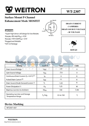 WT-2307 datasheet - Surface Mount P-Channel Enhancement Mode MOSFET