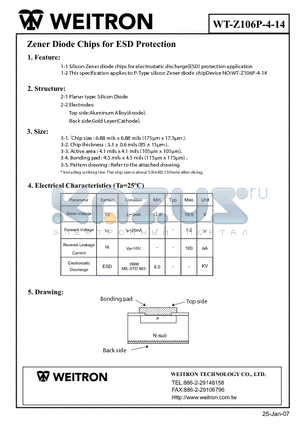 WT-Z106P-4-14 datasheet - Zener Diode Chips for ESD Protection