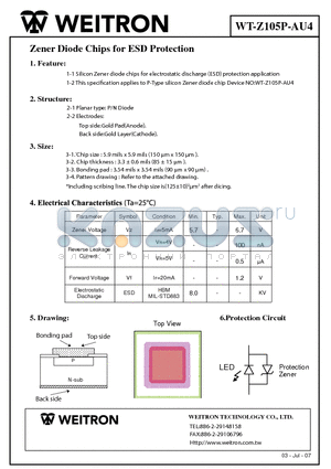 WT-Z105P-AU4 datasheet - Zener Diode Chips for ESD Protection
