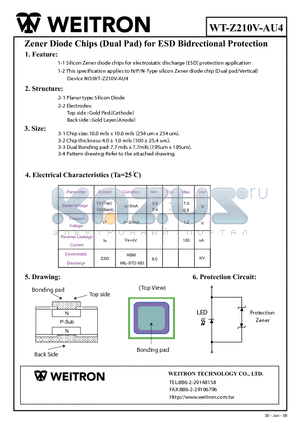 WT-Z210V-AU4 datasheet - Zener Diode Chips (Dual Pad) for ESD Bidrectional Protection