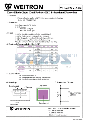 WT-Z224V-AU4 datasheet - Zener Diode Chips (Dual Pad) for ESD Bidrectional Protection