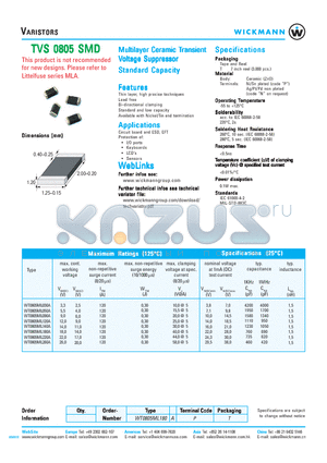 WT0805ML030A datasheet - Multilayer Ceramic Transient Voltage Suppressor Standard Capacity