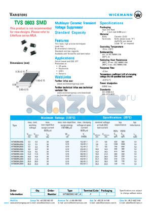 WT0603ML260A datasheet - Multilayer Ceramic Transient Voltage Suppressor Standard Capacity