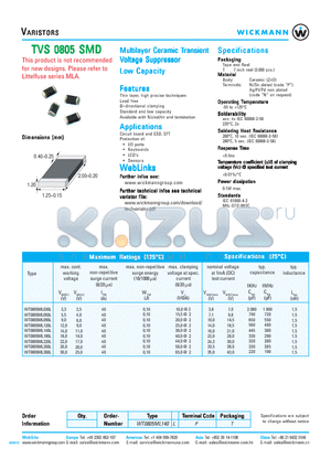 WT0805ML120L datasheet - Multilayer Ceramic Transient Voltage Suppressor Low Capacity