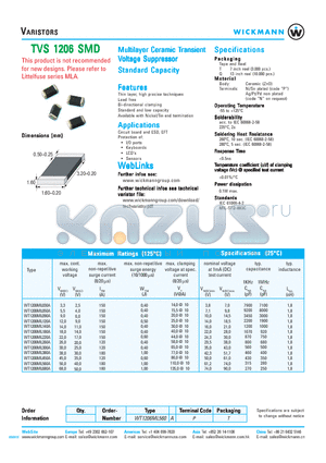 WT1206ML260A datasheet - Multilayer Ceramic Transient Voltage Suppressor Standard Capacity