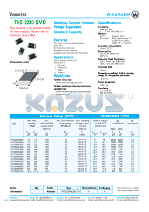 WT2220ML140A datasheet - Multilayer Ceramic Transient Voltage Suppressor Standard Capacity