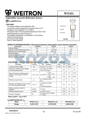 WT431 datasheet - Adjustable Accurate Reference Source