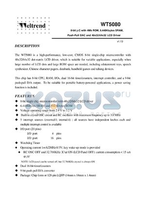 WT5080 datasheet - 8-bit mC with 4Mb ROM, 6.448Kbytes SRAM Push-Pull DAC and 48x32/64x32 LCD Driver