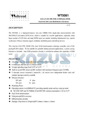 WT5081 datasheet - 8-bit mC with 4Mb ROM, 6.448Kbytes SRAM, Push-Pull DAC and 48x32/64x32 LCD Driver