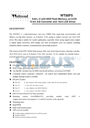 WT50F5 datasheet - 8-bit m C with 8KB Flash Memory, an 8-CH 12-bit A/D Converter and 16x4 LCD Driver