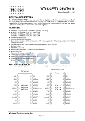 WT6116 datasheet - microcontroller for digital controlled monitor