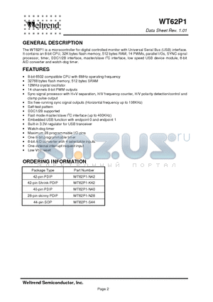 WT62P1 datasheet - microcontroller for digital controlled monitor with Universal Serial Bus (USB) interface