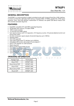 WT62P1-S44 datasheet - microcontroller for digital controlled monitor with Universal Serial Bus (USB) interface