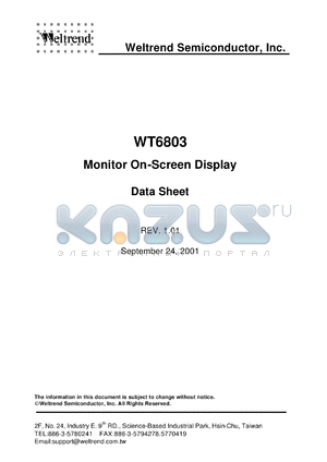 WT6803 datasheet - Monitor On-Screen Display Data Sheet