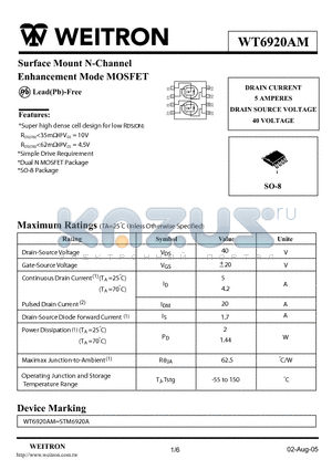 WT6920AM datasheet - Surface Mount N-Channel Enhancement Mode MOSFET