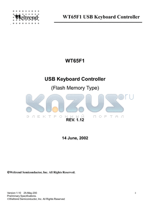 WT65F1 datasheet - USB Keyboard Controller (Flash Memory Type)