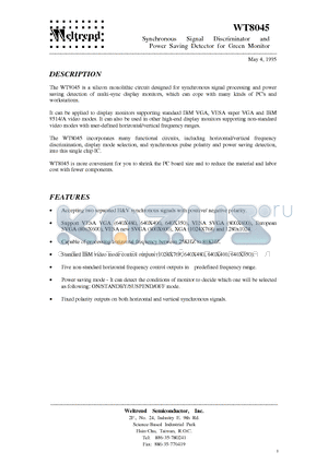 WT8045N24P3 datasheet - Synchronous Signal Discriminator and Power Saving Detector for Green Monitor