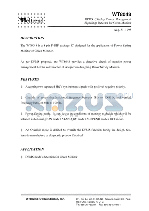 WT8048 datasheet - DPMS (Display Power Management Signaling) Detector for Green Monitor