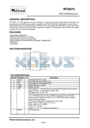 WT8072H datasheet - PIR CONTROLLER