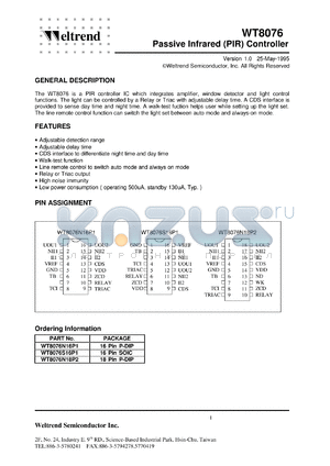 WT8076 datasheet - Passive Infrared (PIR) Controller