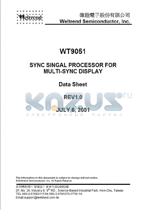 WT9051 datasheet - SYNC SINGAL PROCESSOR TOR MILTI-SYNC DISPLAY