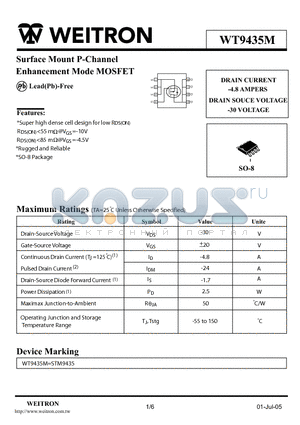 WT9435M datasheet - Surface Mount P-Channel Enhancement Mode MOSFET