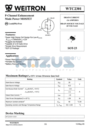 WTC2301 datasheet - P-Channel Enhancement Mode Power MOSFET