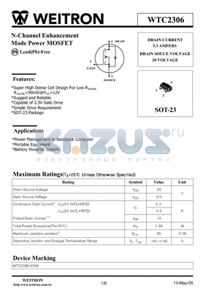 WTC2306 datasheet - N-Channel Enhancement Mode Power MOSFET