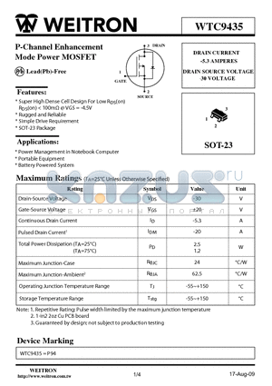 WTC9435 datasheet - P-Channel Enhancement Mode Power MOSFET