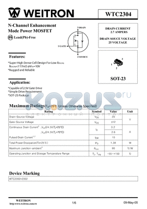 WTC2304 datasheet - N-Channel Enhancement Mode Power MOSFET