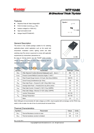 WTF16A60 datasheet - Bi-Directional Triode Thyristor