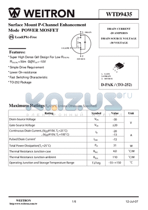 WTD9435 datasheet - Surface Mount P-Channel Enhancement Mode POWER MOSFET