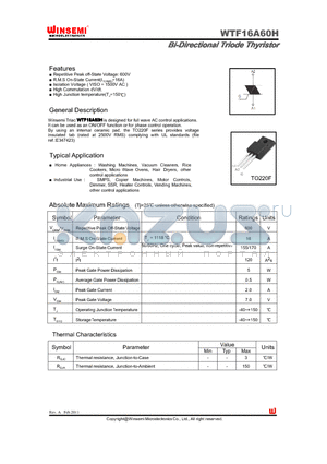 WTF16A60H datasheet - Bi-Directional Triode Thyristor