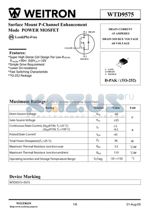 WTD9575 datasheet - Surface Mount P-Channel Enhancement Mode POWER MOSFET