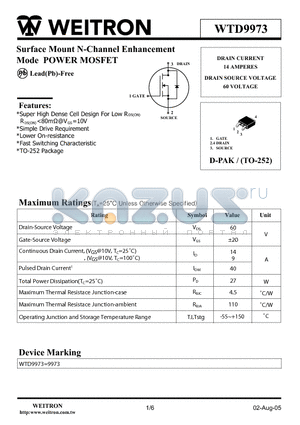 WTD9973 datasheet - Surface Mount N-Channel Enhancement Mode POWER MOSFET