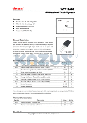 WTF12A60 datasheet - Bi-Directional Triode Thyristor