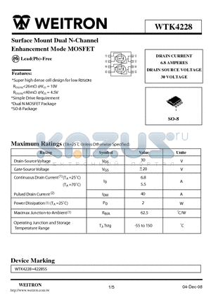 WTK4228 datasheet - Surface Mount Dual N-Channel Enhancement Mode MOSFET
