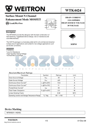 WTK4424 datasheet - Surface Mount N-Channel Enhancement Mode MOSFET