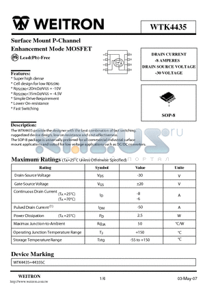 WTK4435 datasheet - Surface Mount P-Channel Enhancement Mode MOSFET