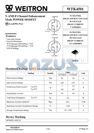 WTK4501 datasheet - N AND P-Channel Enhancement Mode POWER MOSFET