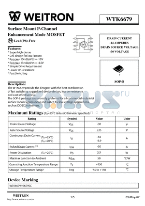 WTK6679 datasheet - Surface Mount P-Channel Enhancement Mode MOSFET