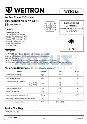 WTK9431 datasheet - Surface Mount P-Channel Enhancement Mode MOSFET