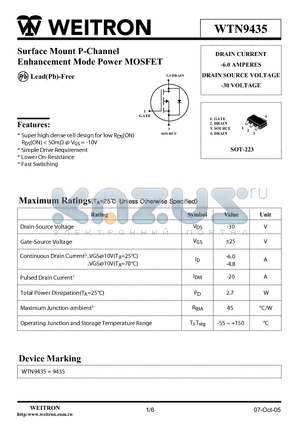 WTN9435 datasheet - Surface Mount P-Channel Enhancement Mode Power MOSF ET