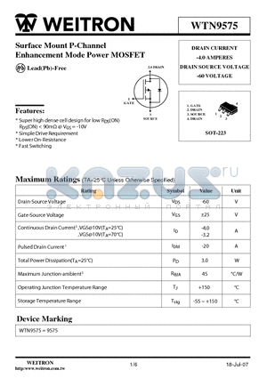WTN9575 datasheet - Surface Mount P-Channel Enhancement Mode Power MOSFET